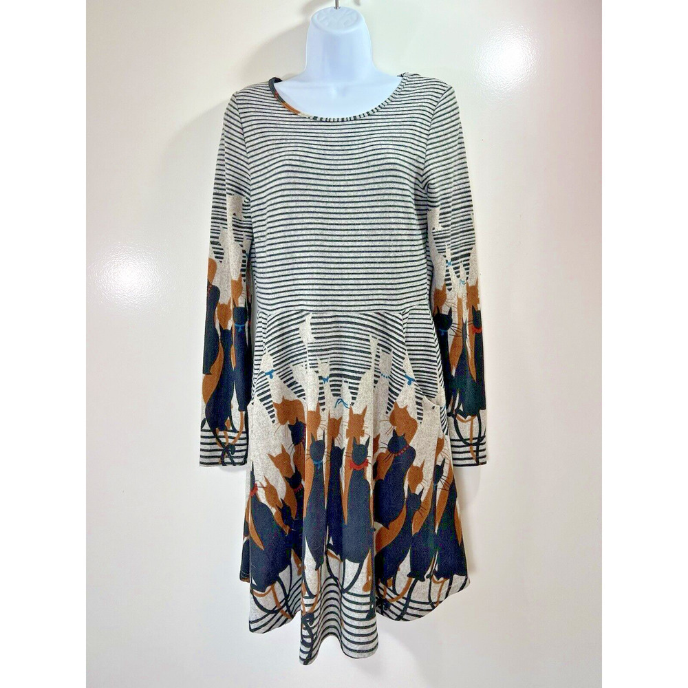 LA Soul Womens Knit Dress Size M Cat Lady Novelt Print Stripes Multicolor Office